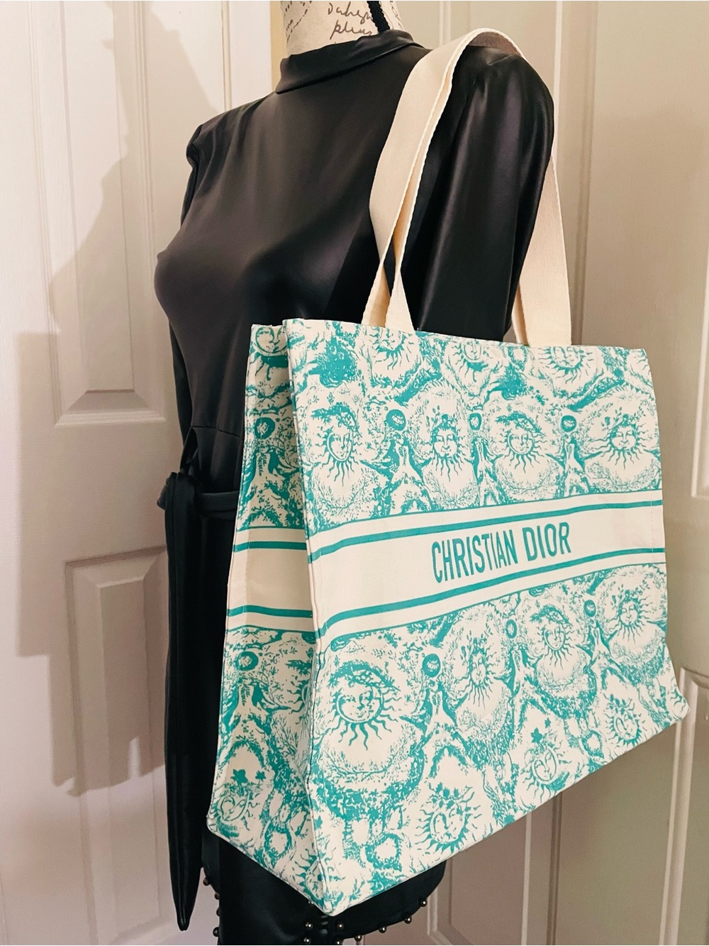 Dior Cream & Teal Printed Canvas Tote
